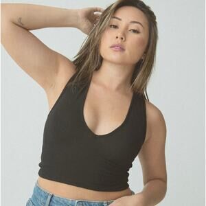 Klassy Network Padded Braless V-Neck Brami Black Wide Strap Cropped Top Small